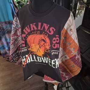 Upcycled Hawkins Halloween T Shirt Poncho Free Sized Kantha Bae Sleeves